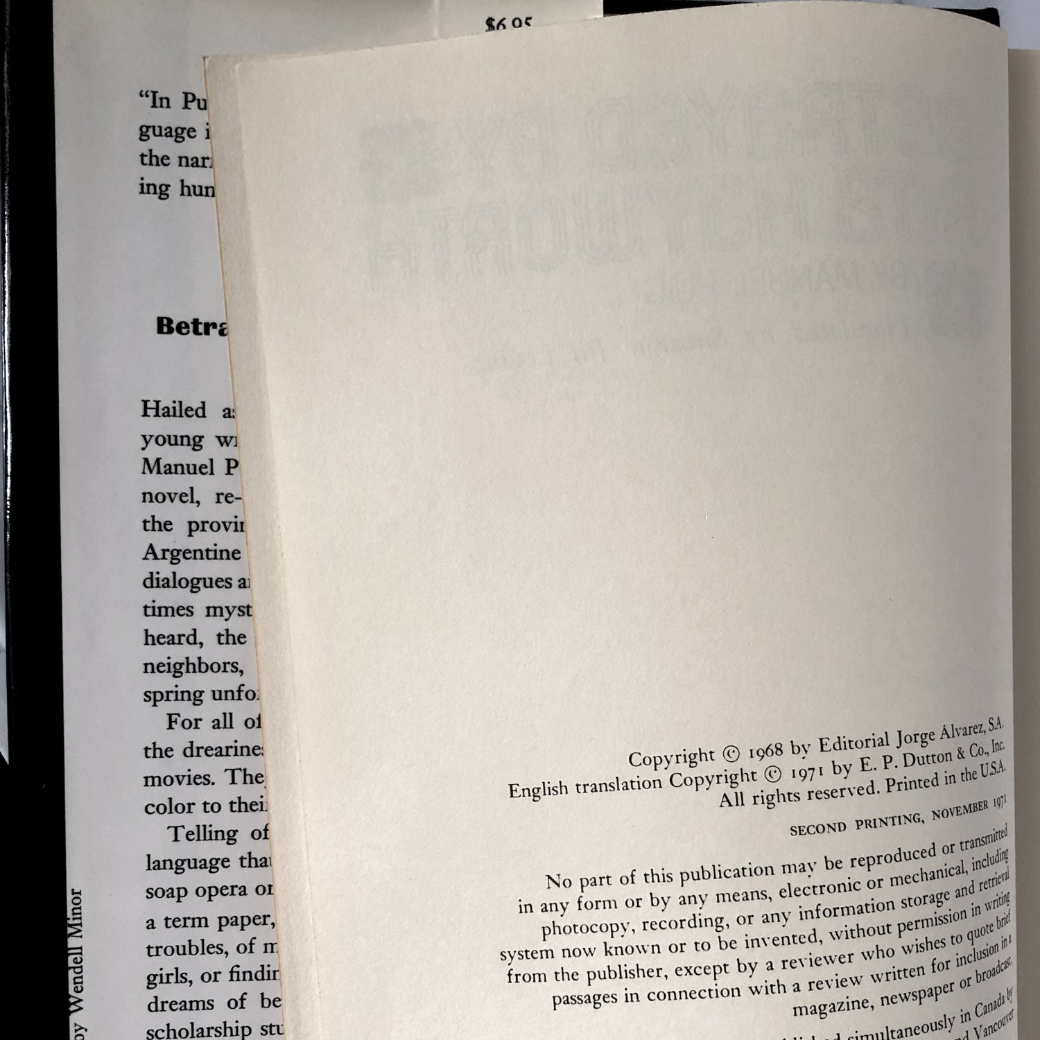 Betrayed by Rita Hayworth by Manuel Puig [FIRST EDITION] - Bookshop Apocalypse