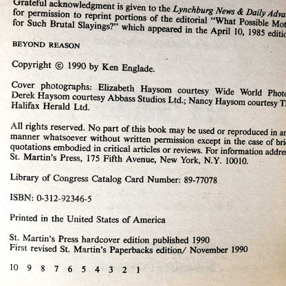 Beyond Reason: The True Story of a Shocking Double Murder by Ken Englade [FIRST PAPERBACK PRINTING] 1990