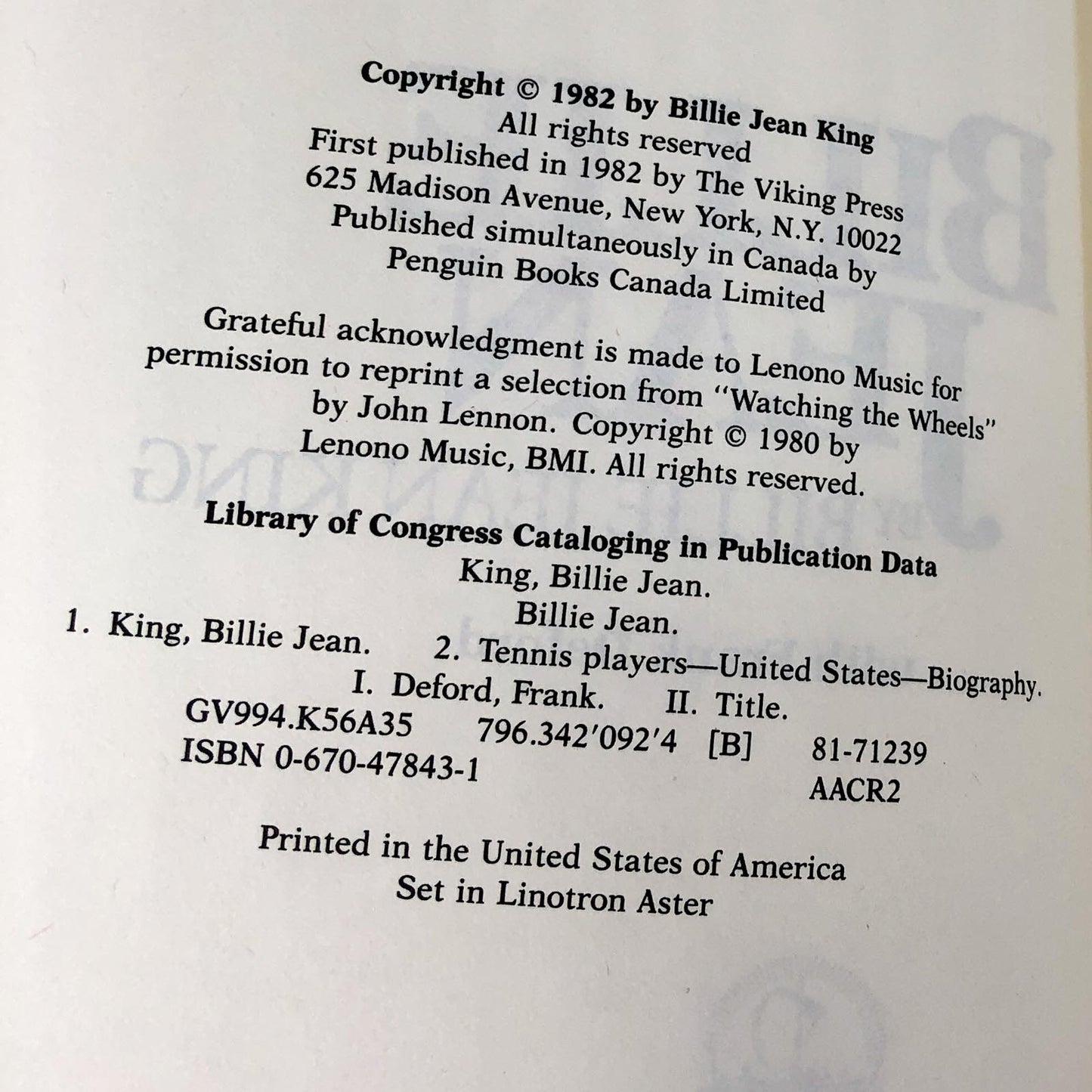 Billie Jean by Billie Jean King [FIRST EDITION • FIRST PRINTING] 1982