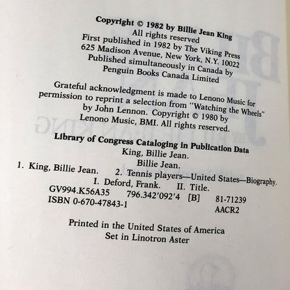 Billie Jean by Billie Jean King [FIRST EDITION • FIRST PRINTING] 1982