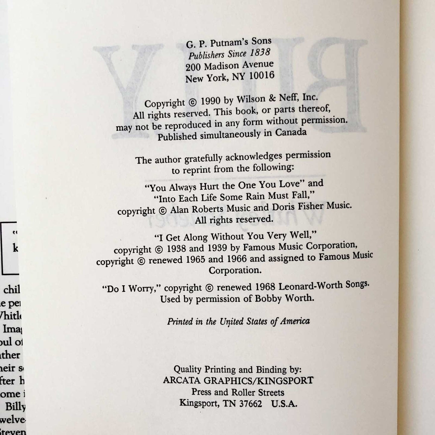 Billy by Whitley Strieber [1990 HARDCOVER] • G.P. Putnam's Sons