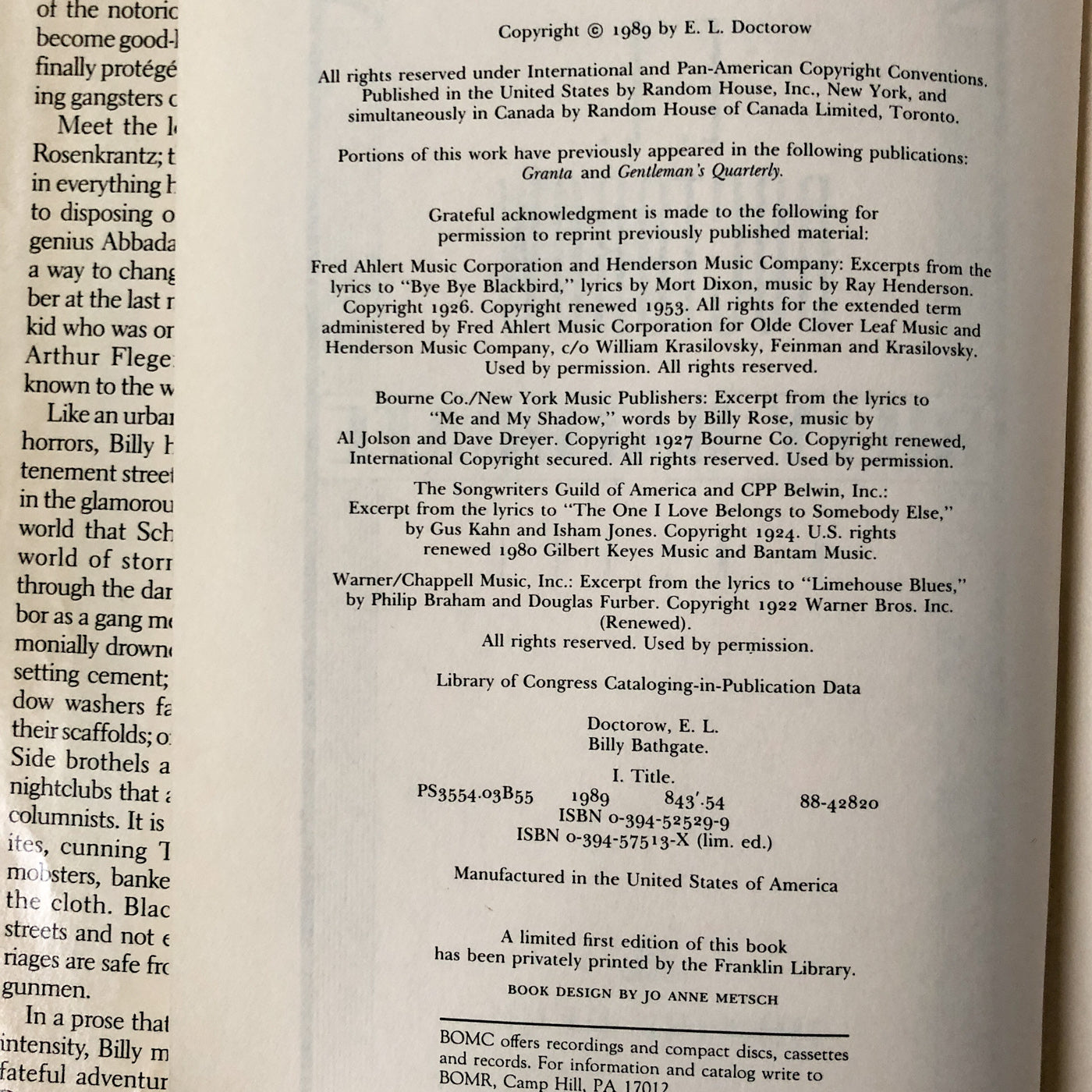 Billy Bathgate by E.L. Doctorow [FIRST BOOK CLUB EDITION / 1989]