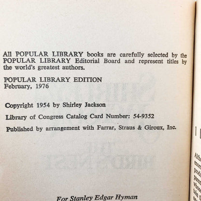 The Bird's Nest by Shirley Jackson [1976 PAPERBACK]