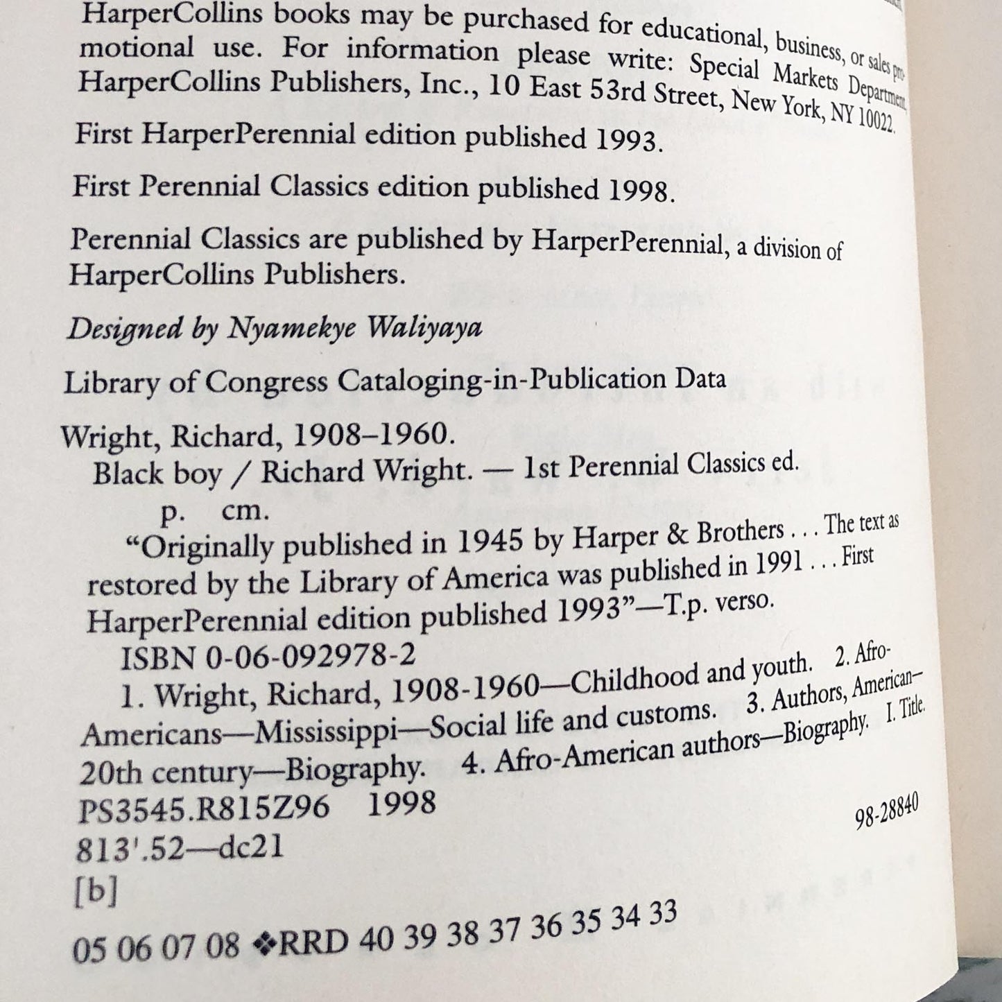 Black Boy by Richard Wright [TRADE PAPERBACK] 1998