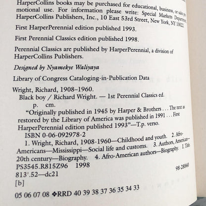 Black Boy by Richard Wright [TRADE PAPERBACK] 1998