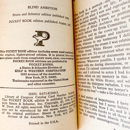 Blind Ambition: The White House Years by John Dean [FIRST PAPERBACK PRINTING / 1977]