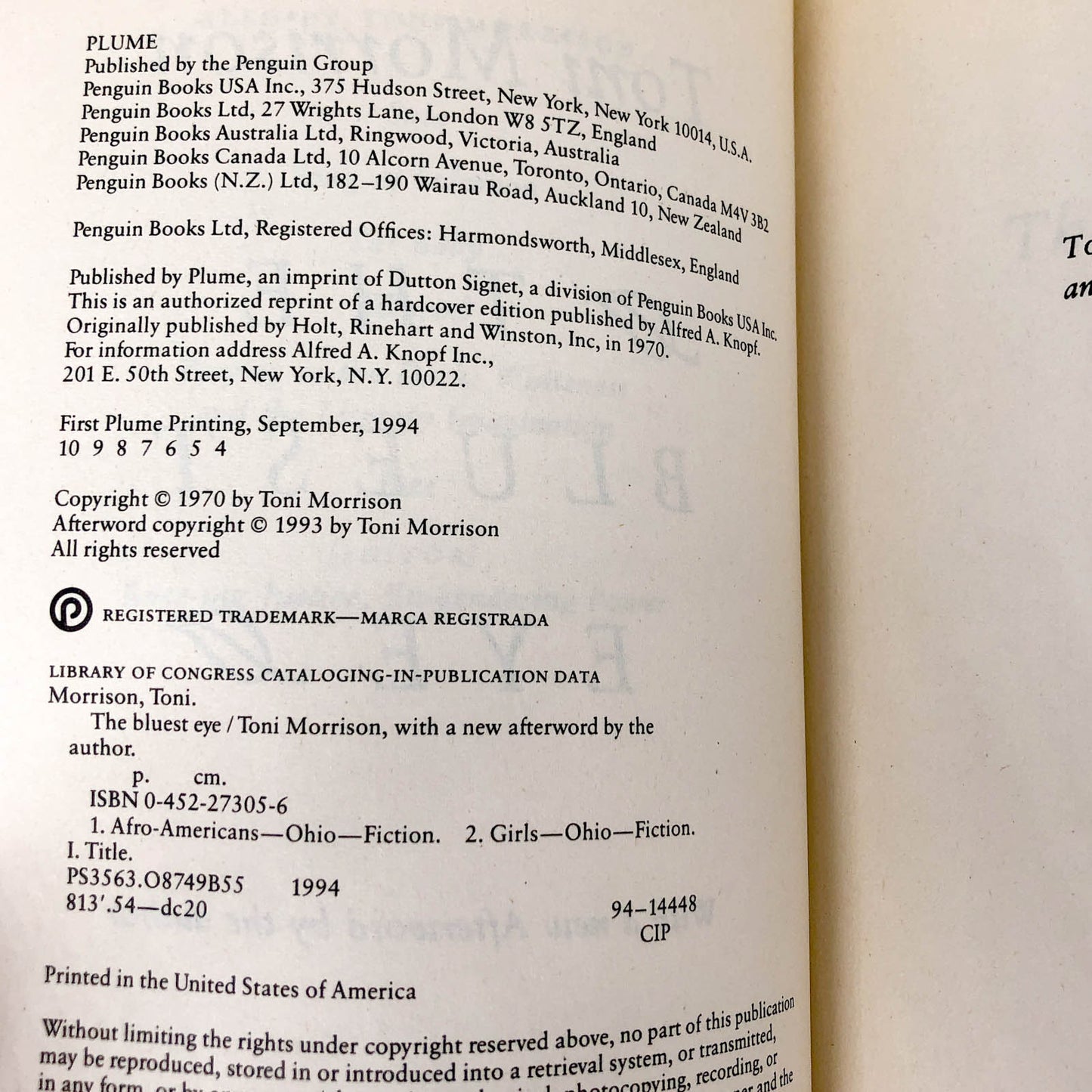 The Bluest Eye by Toni Morrison [1994 TRADE PAPERBACK] • Plume