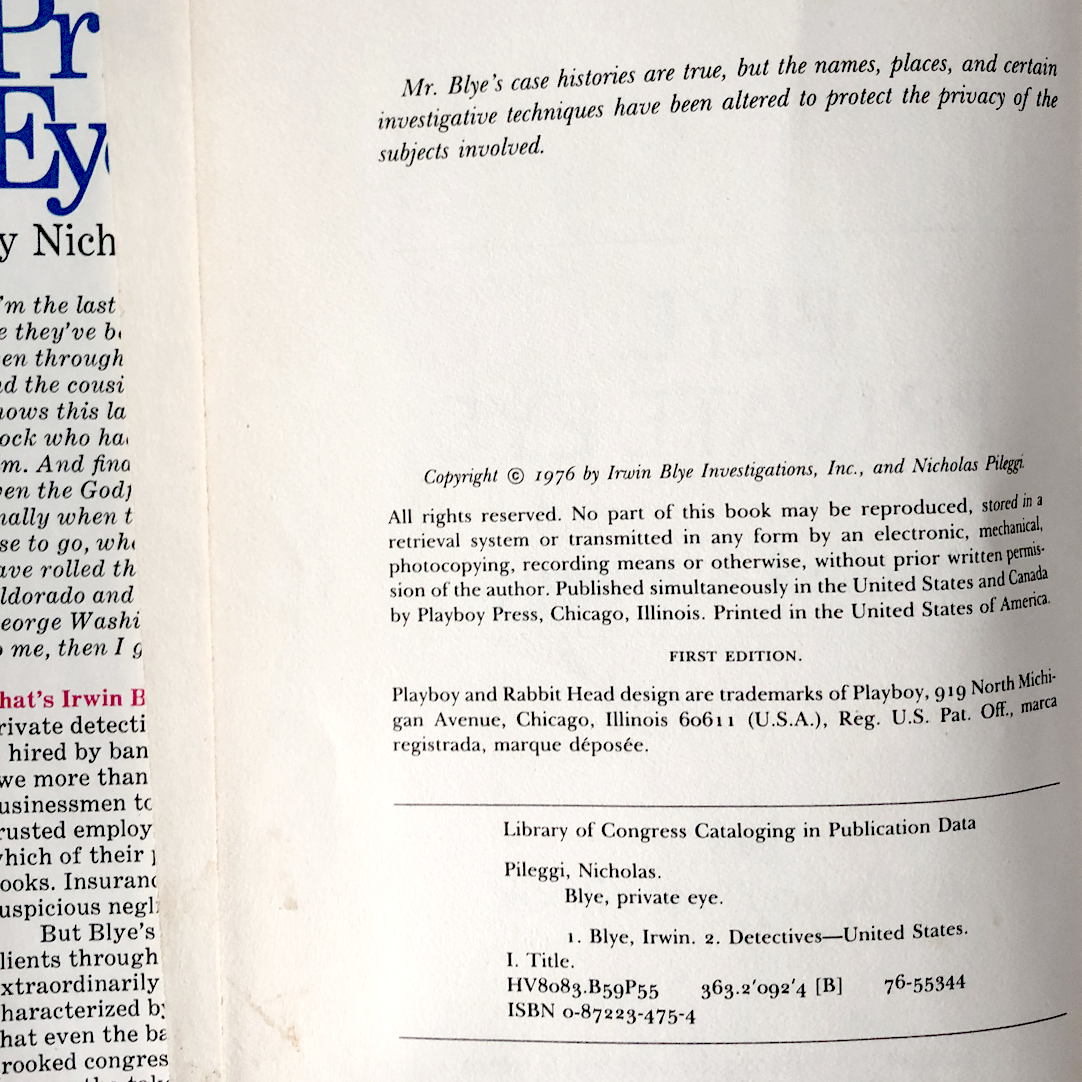Blye Private Eye by Nicholas Pileggi [FIRST EDITION / 1976]