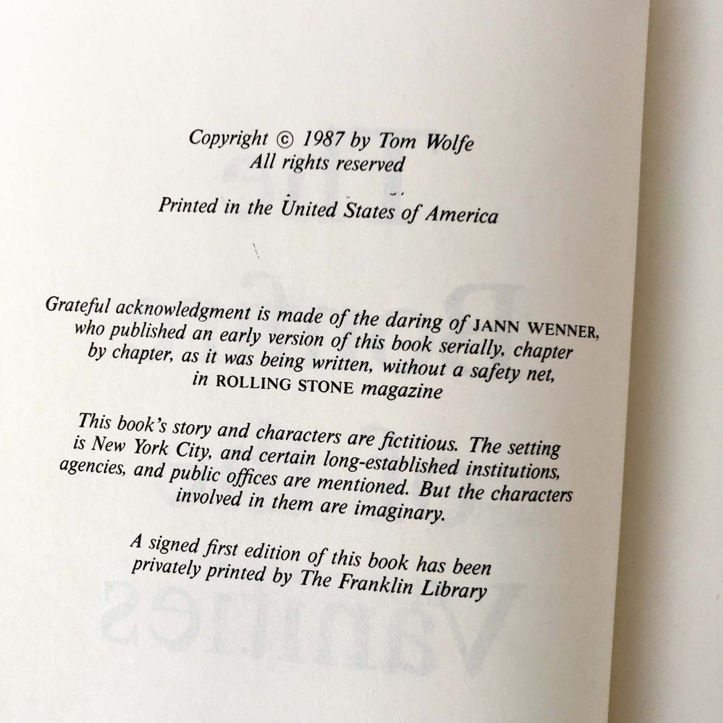 The Bonfire of the Vanities by Tom Wolfe [1987 HARDCOVER] • Farrar Straus Giroux