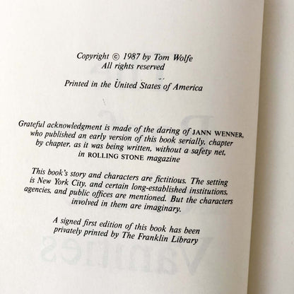 The Bonfire of the Vanities by Tom Wolfe [1987 HARDCOVER] • Farrar Straus Giroux