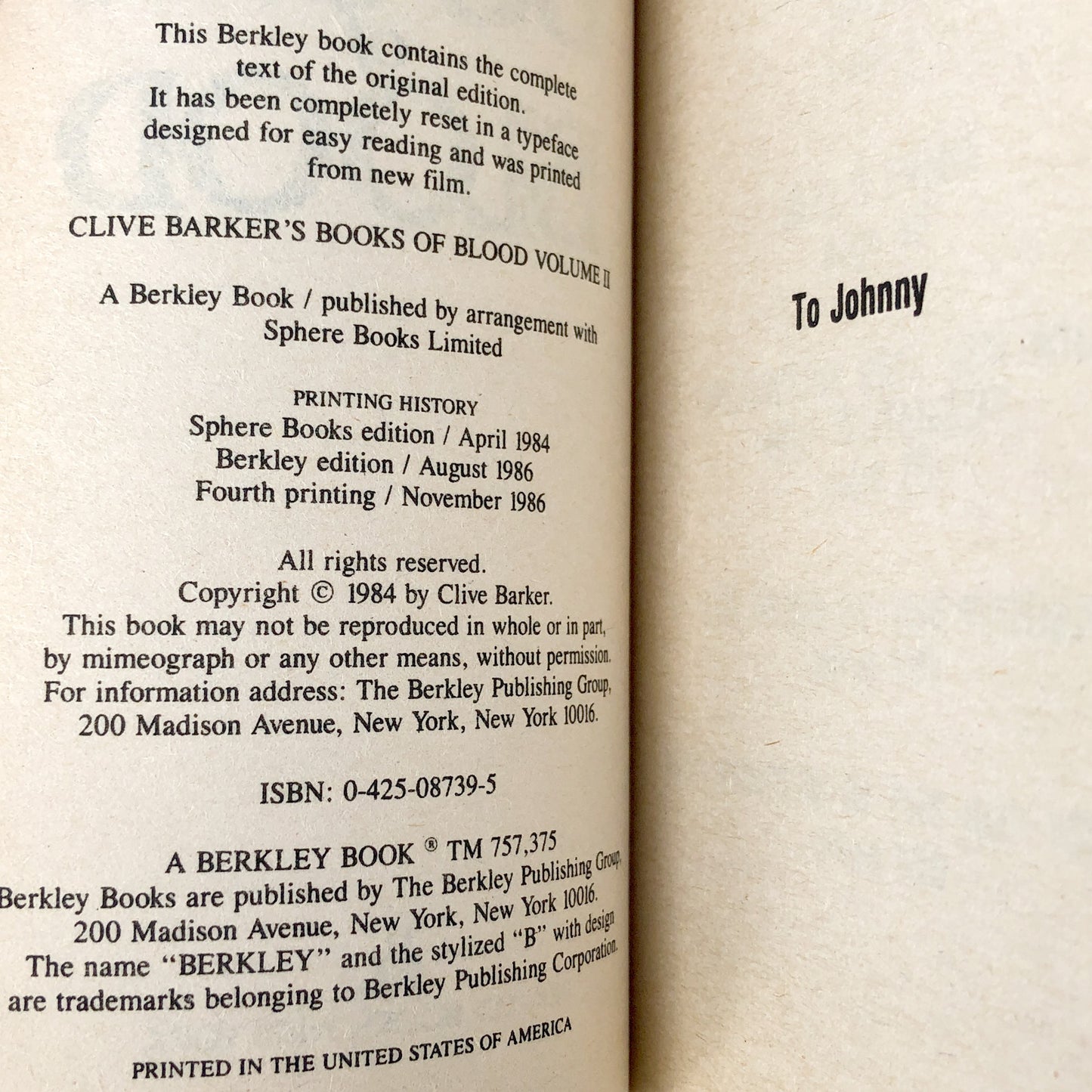 Clive Barker's Books of Blood - Volume II [U.S. FIRST EDITION PAPERBACK] 1986 • Berkley