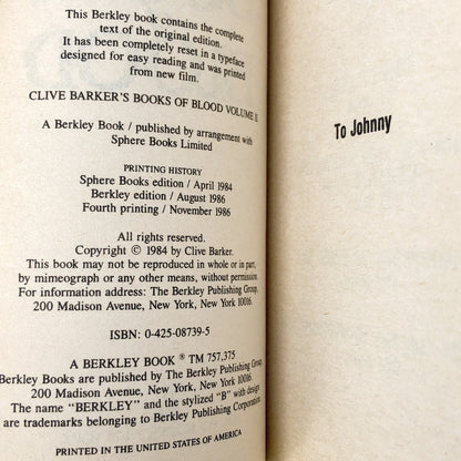 Clive Barker's Books of Blood - Volume II [U.S. FIRST EDITION PAPERBACK] 1986 • Berkley