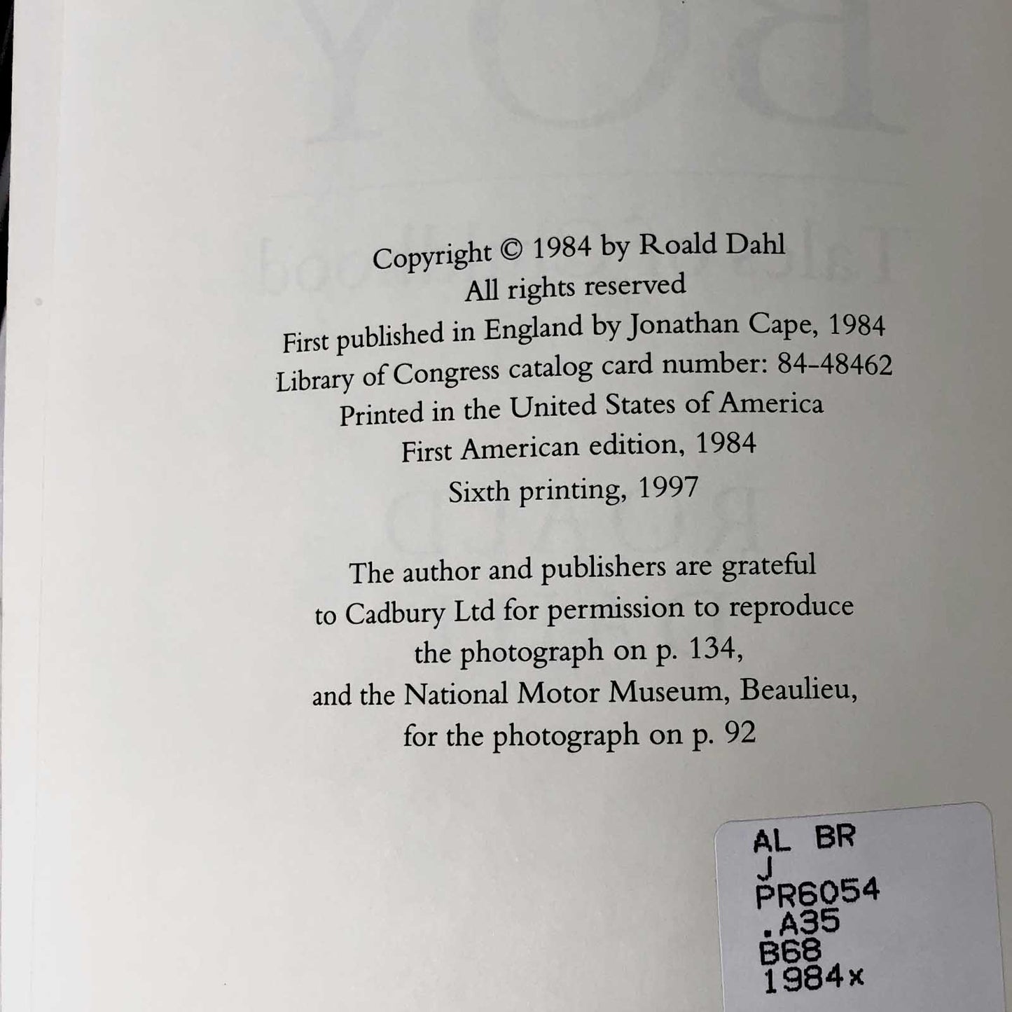 Boy: Tales of Childhood by Roald Dahl [FIRST EDITION]