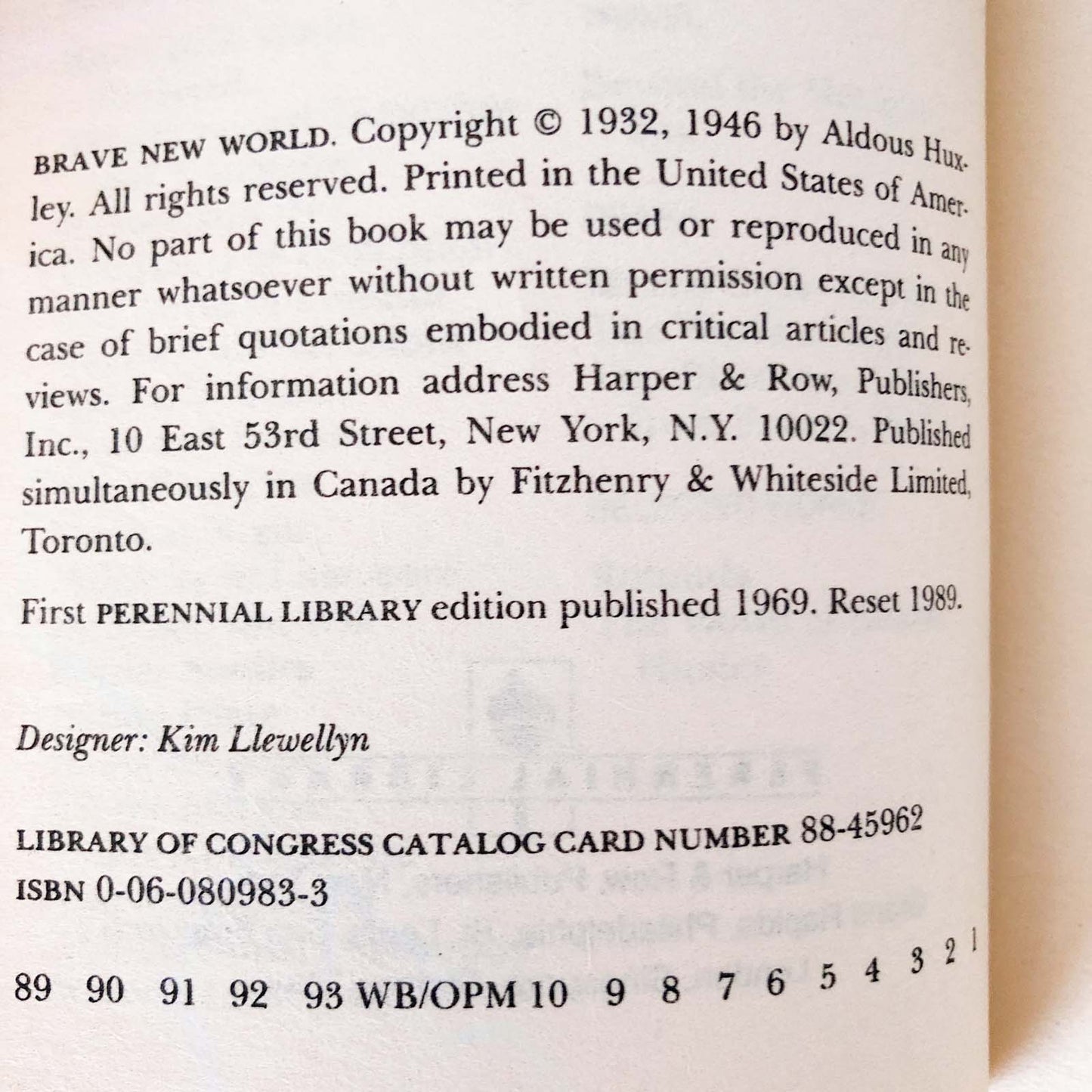 Brave New World by Aldous Huxley [PERENNIAL PAPERBACK / 1989]