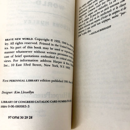 Brave New World by Aldous Huxley [1989 PAPERBACK] • Harper Pernnial