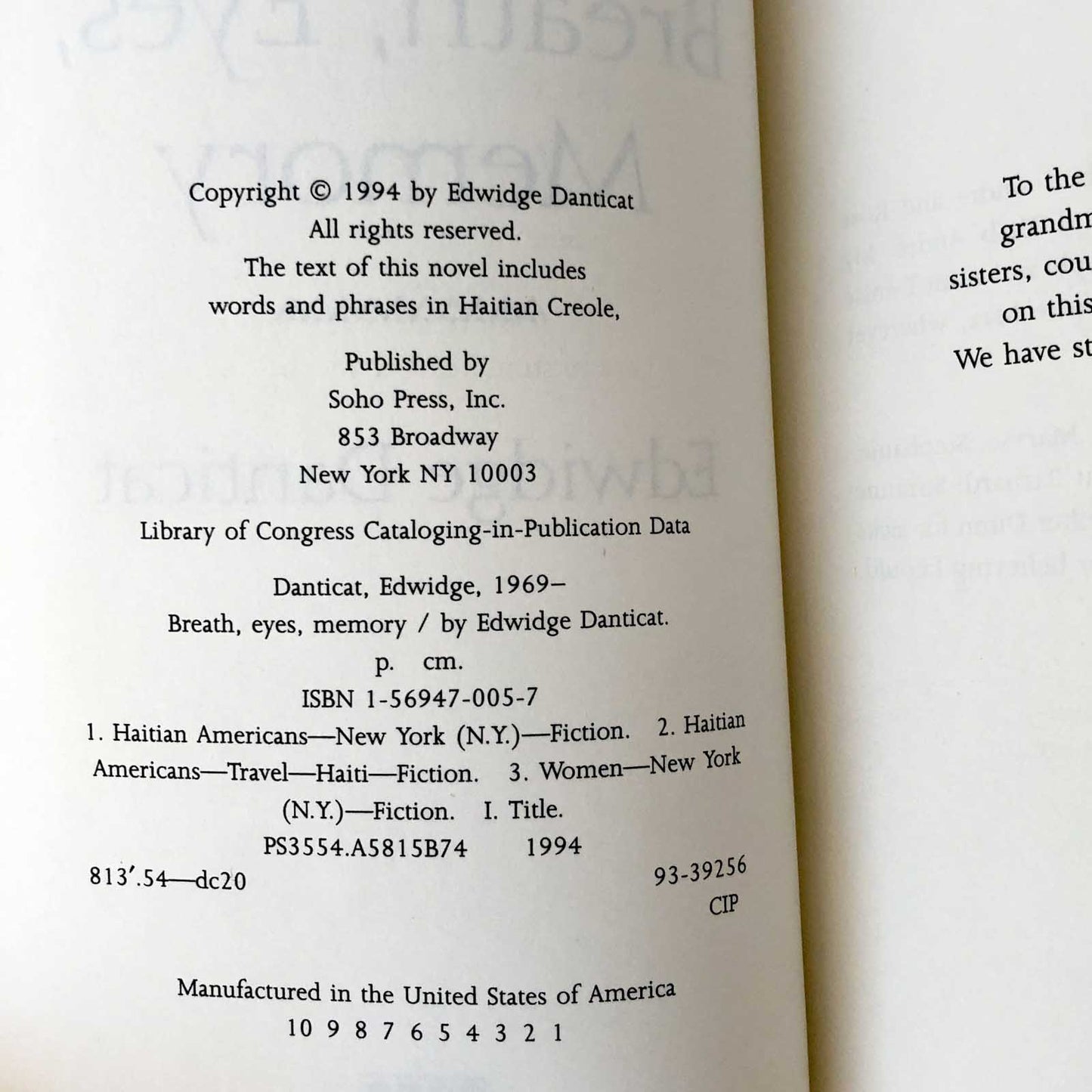 Breath, Eyes, Memory by Edwidge Danticat [FIRST EDITION / FIRST PRINTING] 1994