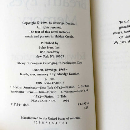 Breath, Eyes, Memory by Edwidge Danticat [FIRST EDITION / FIRST PRINTING] 1994