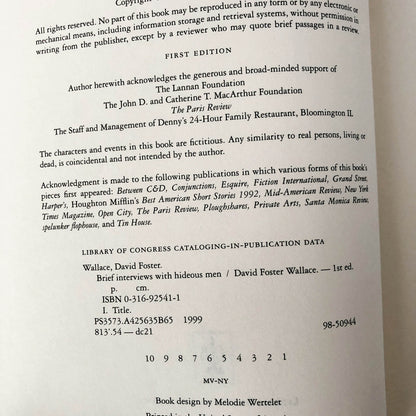 Brief Interviews with Hideous Men by David Foster Wallace [FIRST EDITION • FIRST PRINTING] 1999