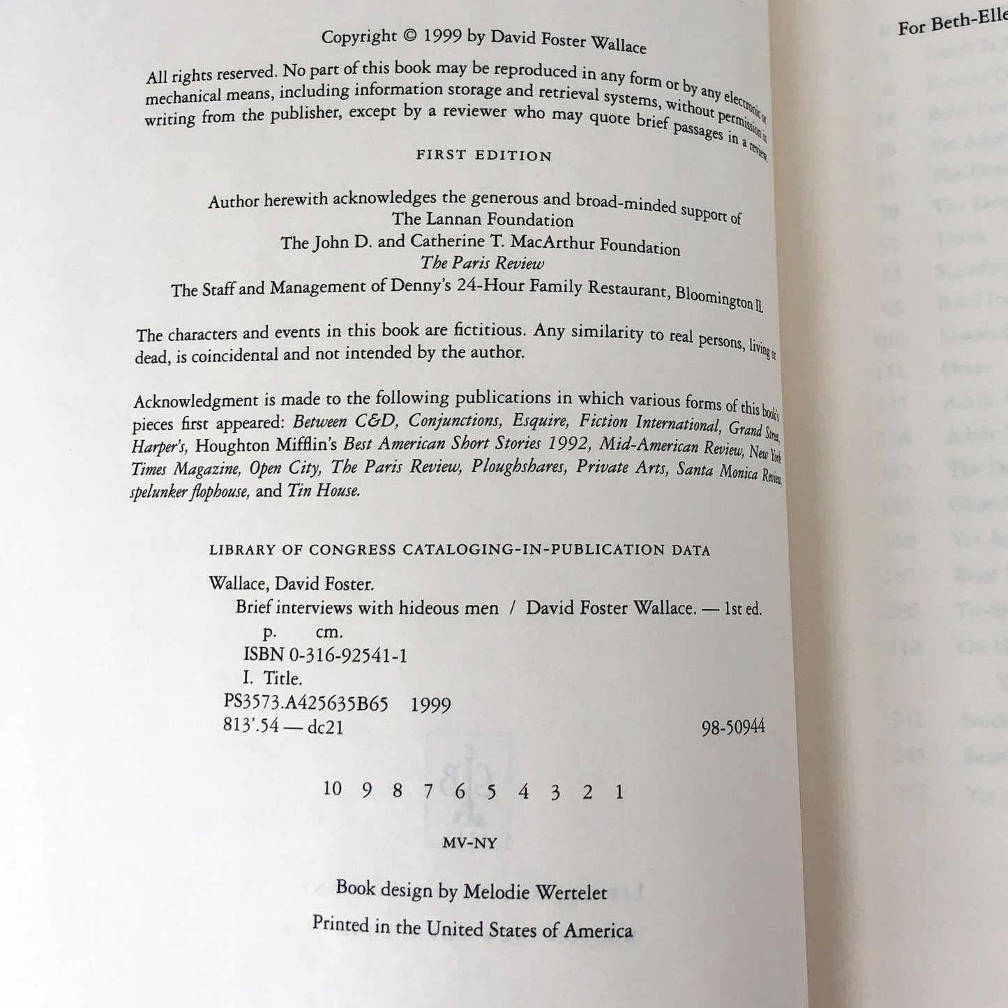 Brief Interviews with Hideous Men by David Foster Wallace [FIRST EDITION • FIRST PRINTING] 1999