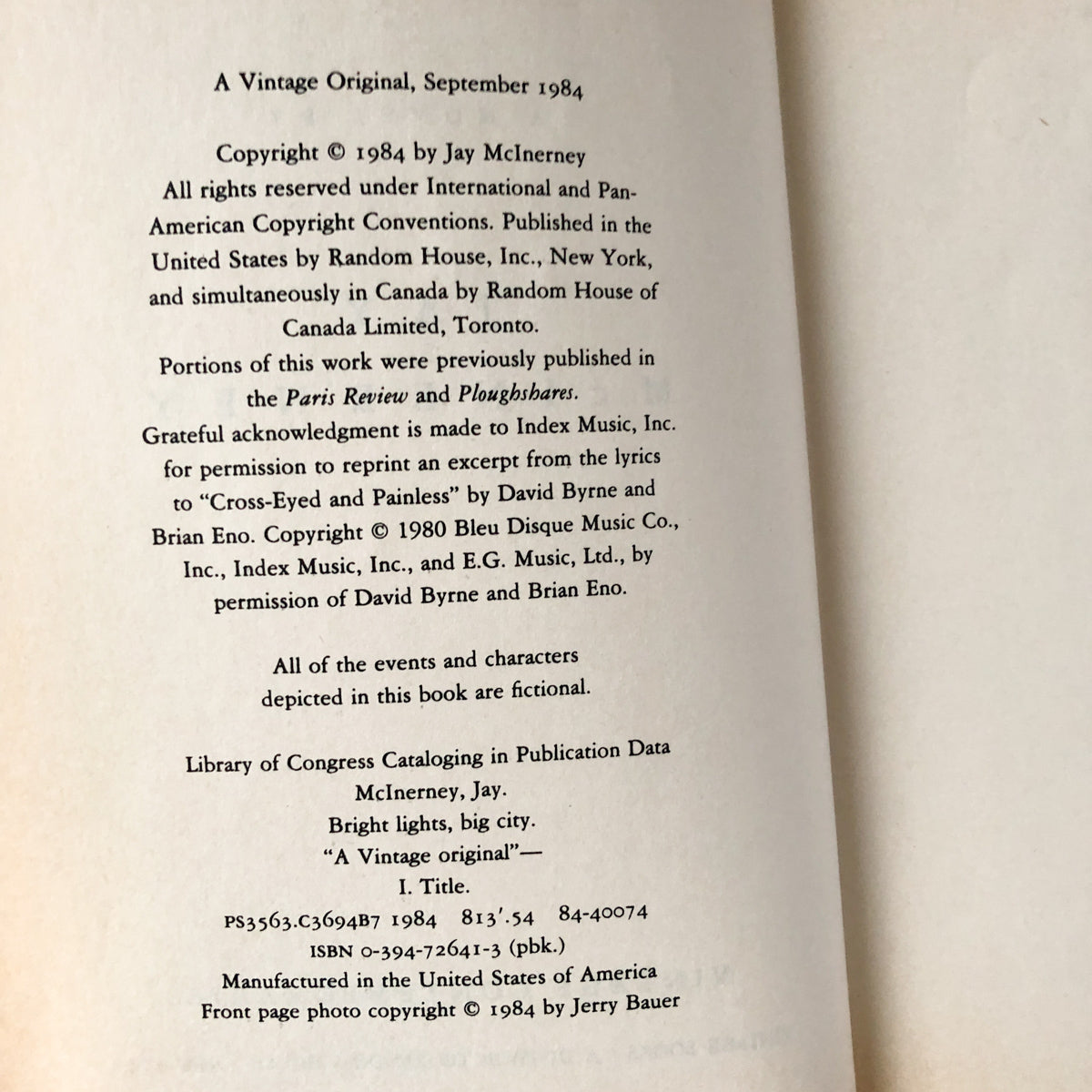 Bright Lights Big City by Jac McInerney [FIRST EDITION / 1984] - Bookshop Apocalypse