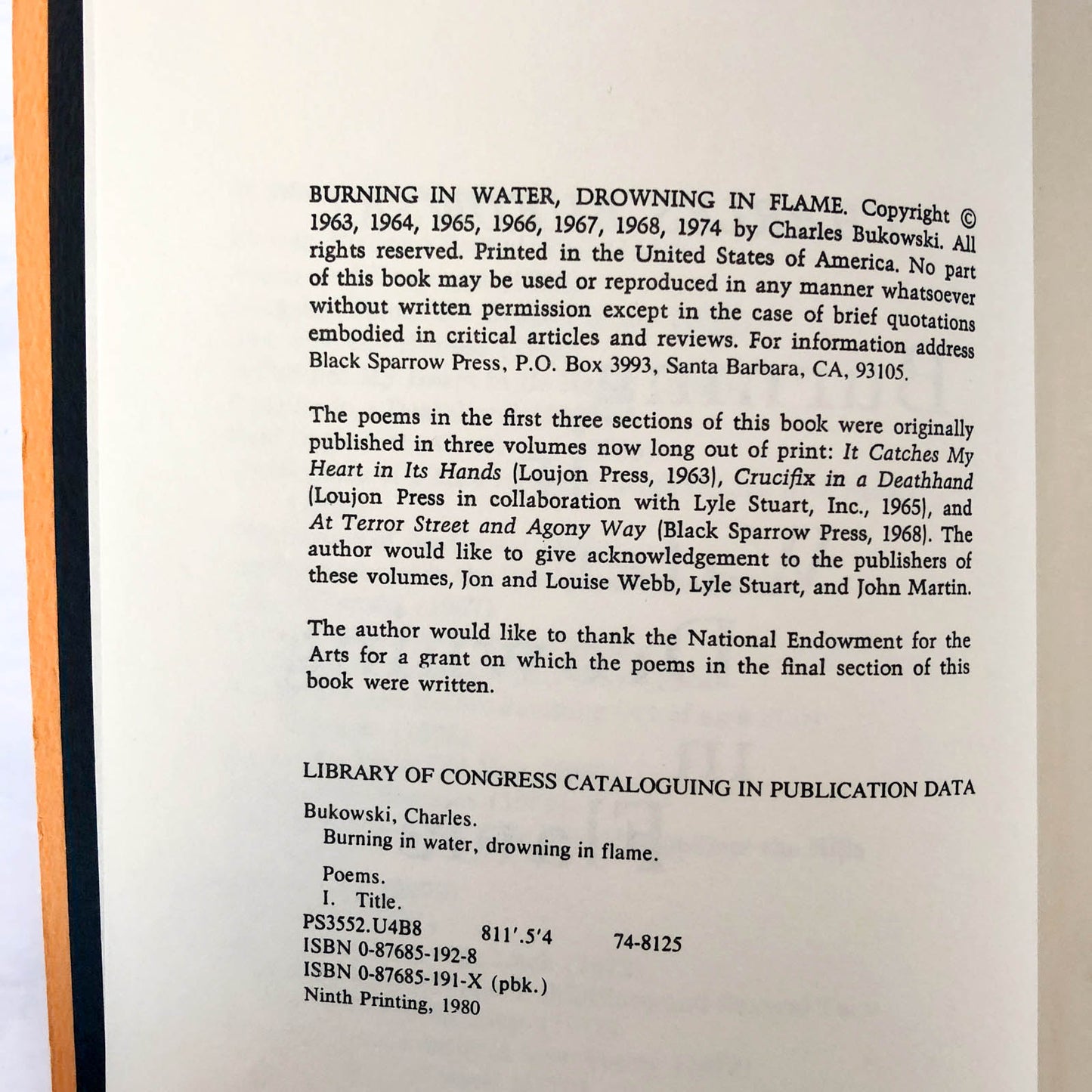 Burning in Water, Drowning in Flame by Charles Bukowski [FIRST EDITION / BLACK SPARROW PRESS]