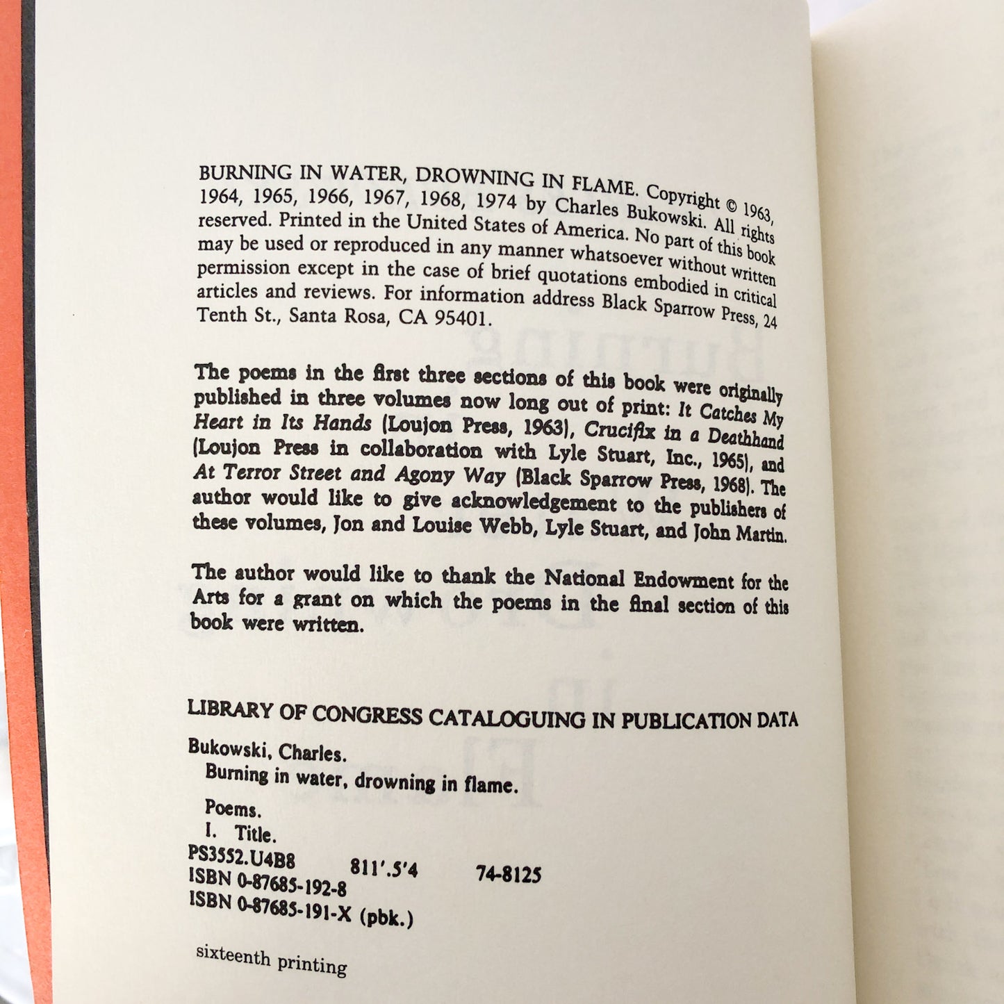 Burning in Water, Drowning in Flame by Charles Bukowski [FIRST EDITION / BLACK SPARROW PRESS]