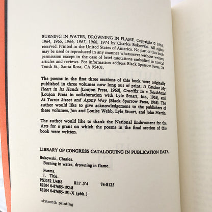 Burning in Water, Drowning in Flame by Charles Bukowski [FIRST EDITION / BLACK SPARROW PRESS]