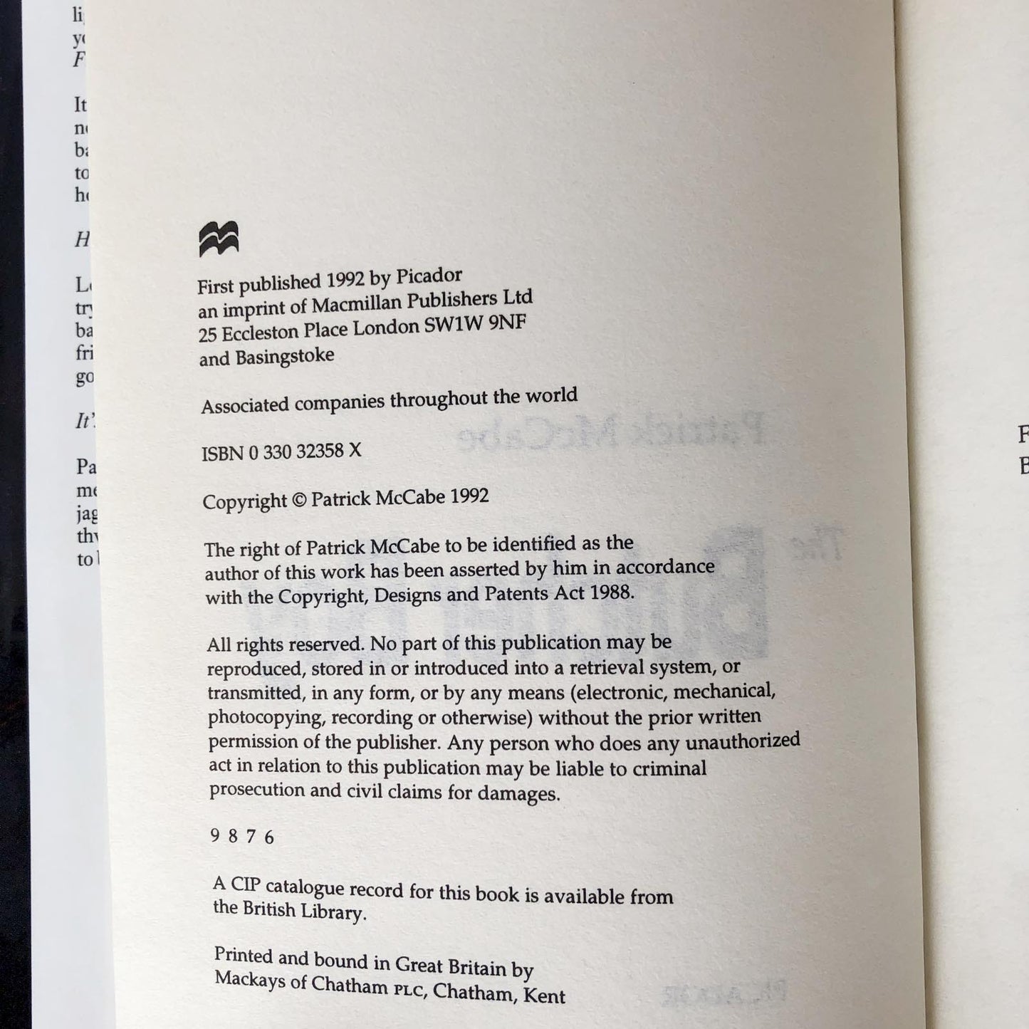 The Butcher Boy by Patrick McCabe [U.K. FIRST EDITION / 1992]