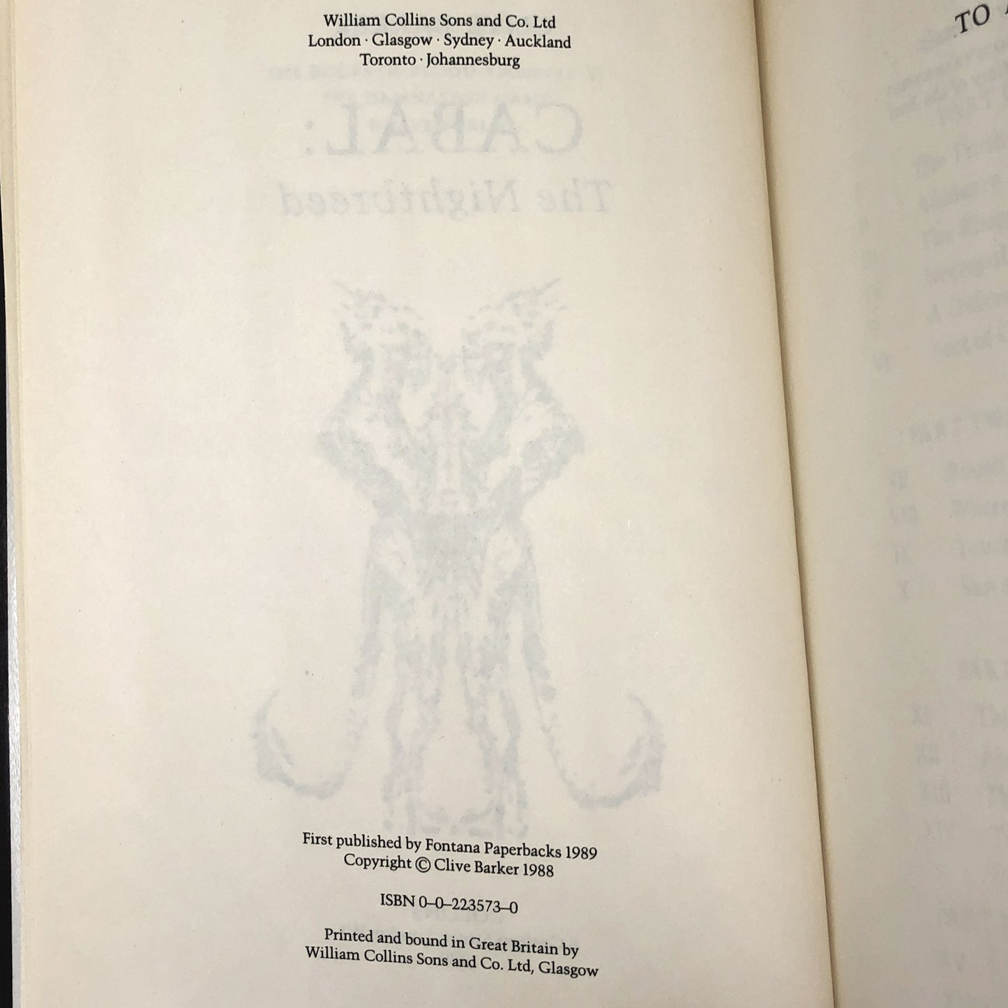 Cabal: The Nightbreed by Clive Barker [U.K. FIRST EDITION] 1989