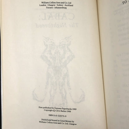 Cabal: The Nightbreed by Clive Barker [U.K. FIRST EDITION] 1989