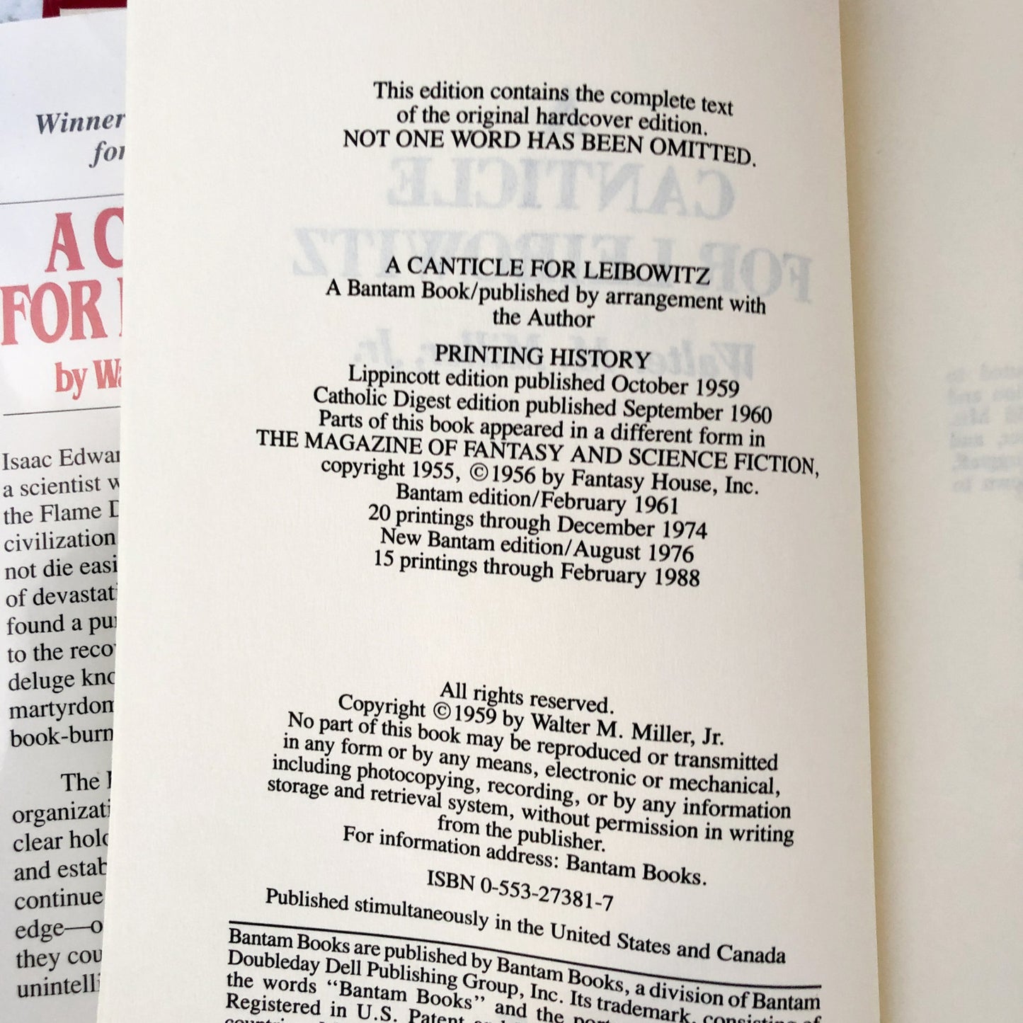 A Canticle for Leibowitz by Walter M. Miller Jr. [1988 HARDCOVER] Bantam Spectra