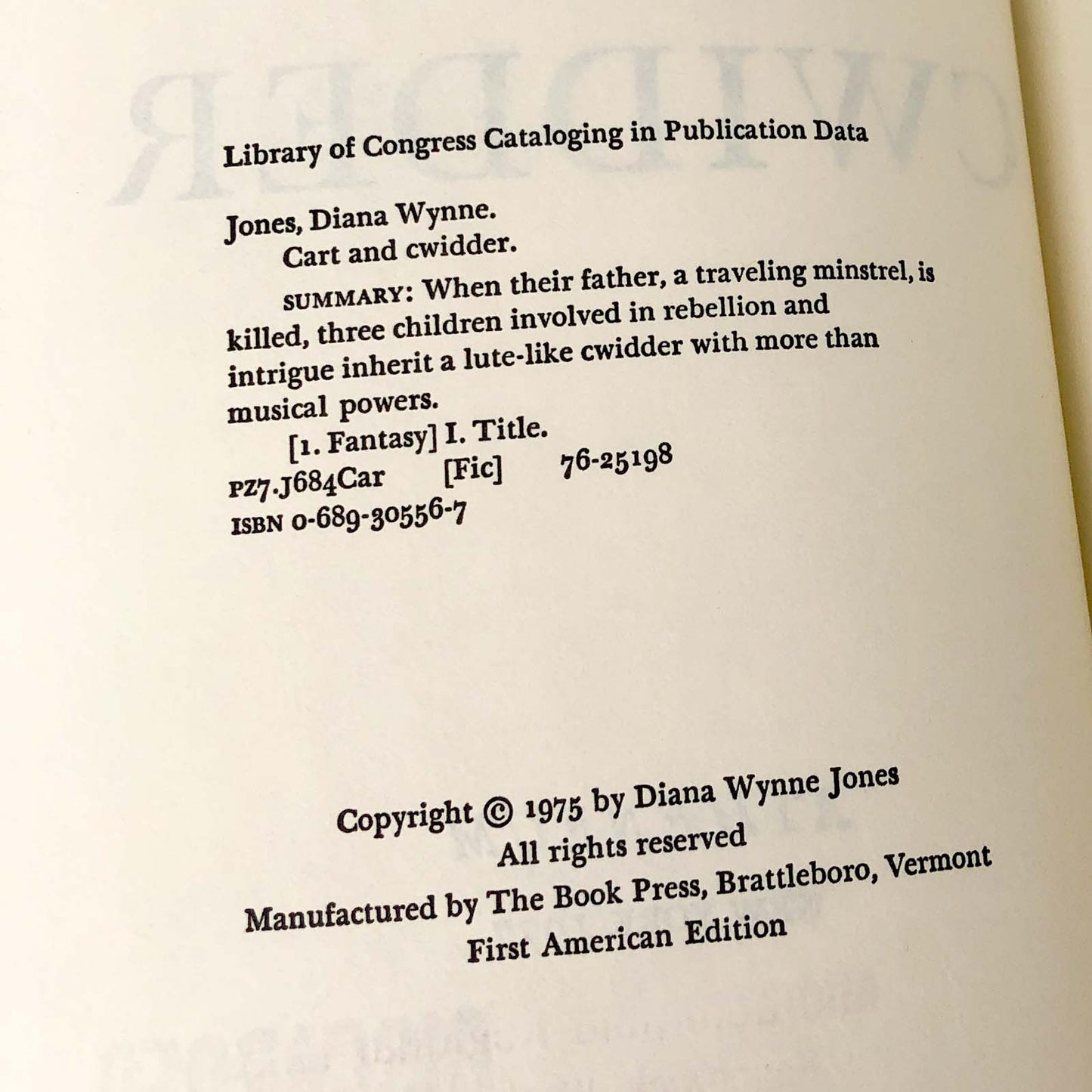 Cart and Cwidder by Diana Wynne Jones [U.S. FIRST EDITION • FIRST PRINTING] 1977