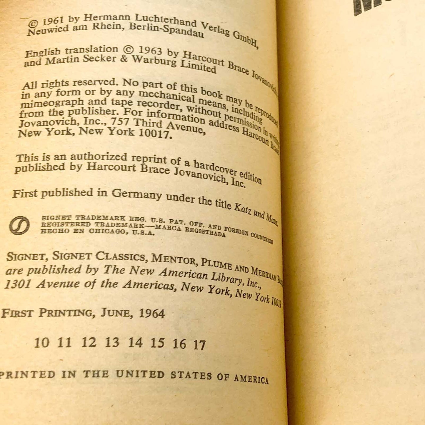 Cat and Mouse by Günter Grass [FIRST PAPERBACK EDITION] 1964