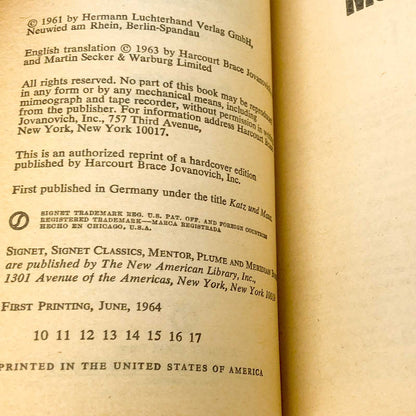 Cat and Mouse by Günter Grass [FIRST PAPERBACK EDITION] 1964