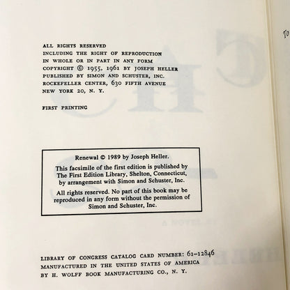 Catch-22 by Joseph Heller [FACSIMILE OF THE FIRST PRINTING] 1989 • The First Edition Library