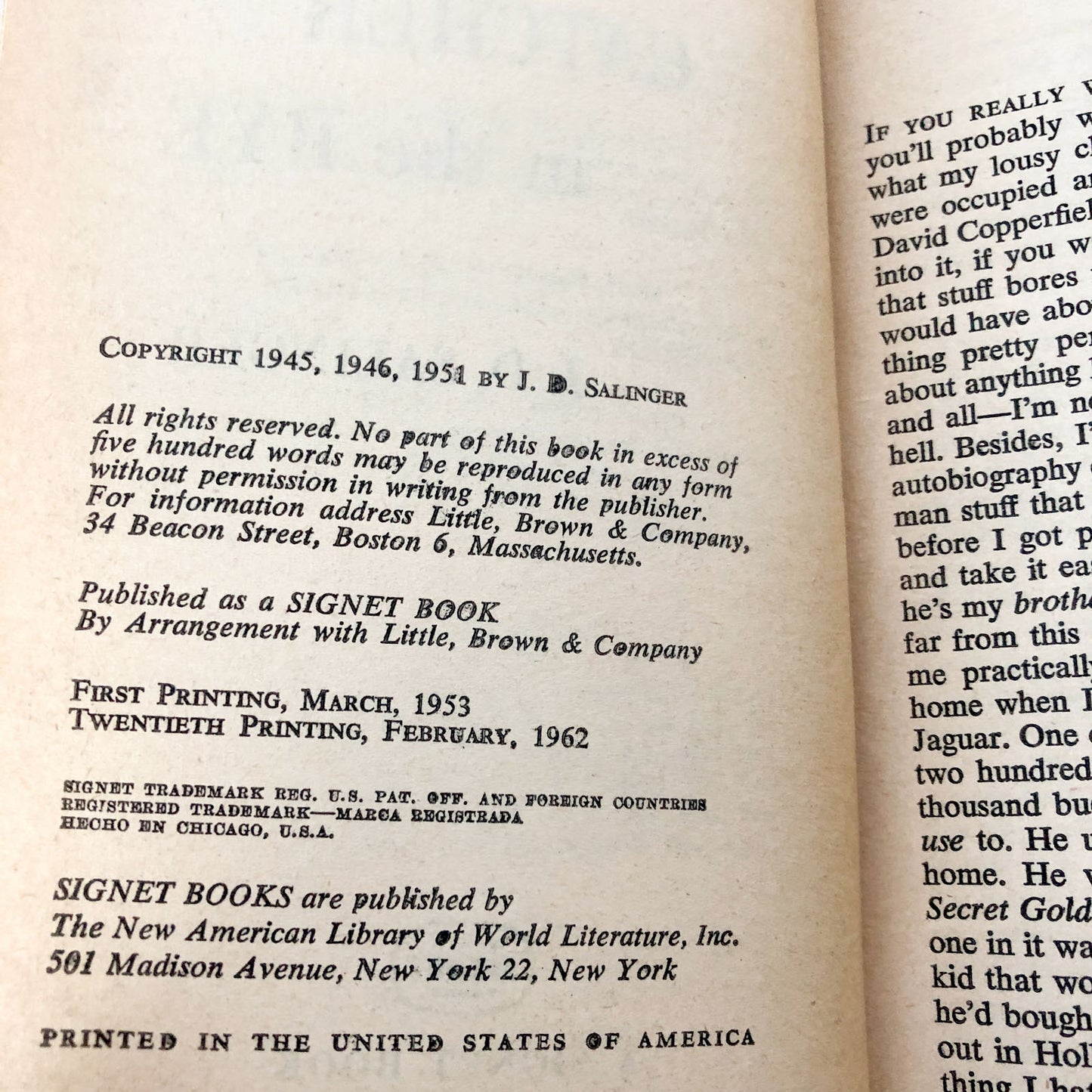 Catcher in the Rye by J.D. Salinger [SIGNET PAPERBACK / 1962]