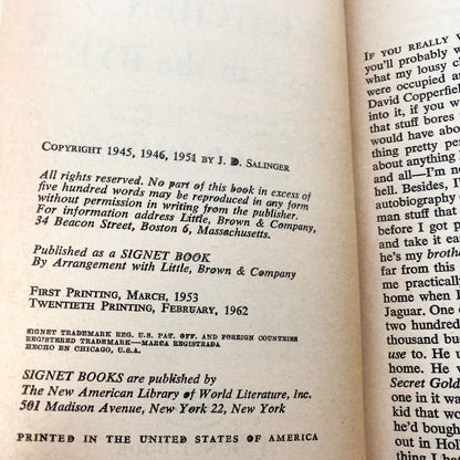 Catcher in the Rye by J.D. Salinger [SIGNET PAPERBACK / 1962]