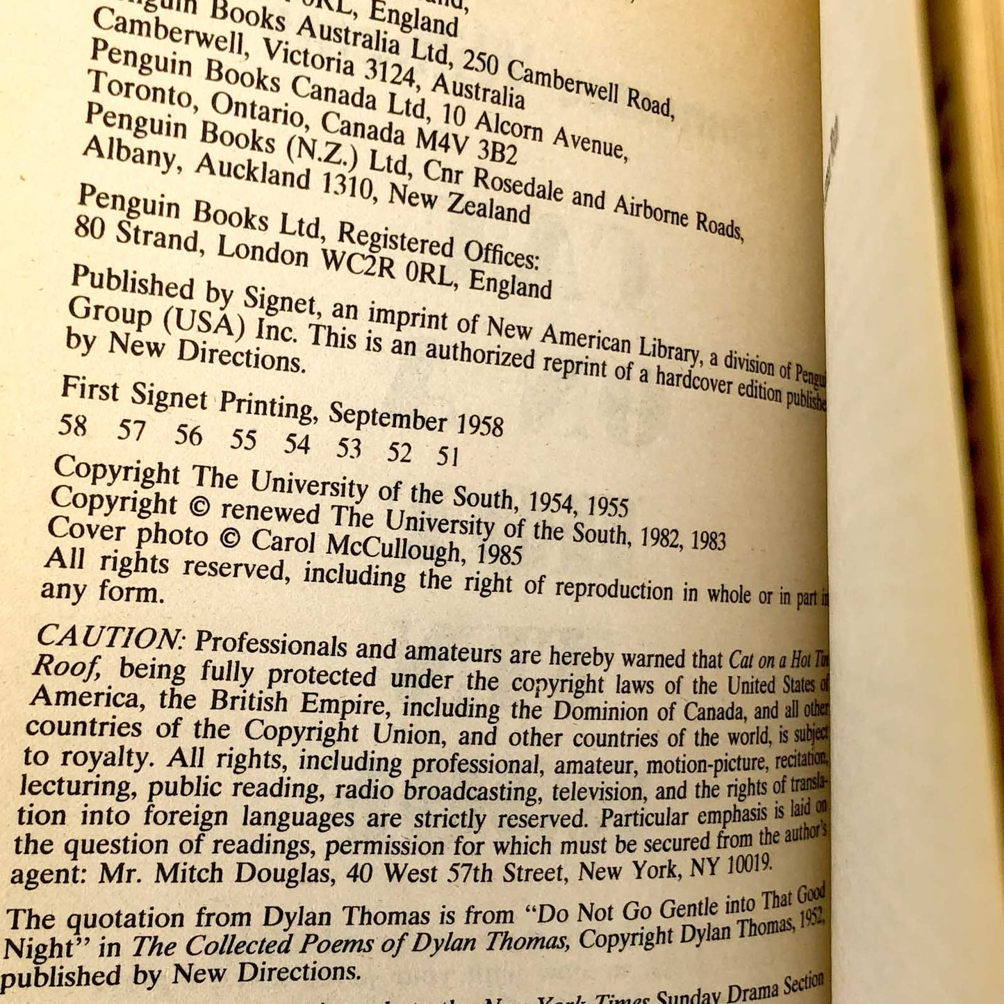 Cat on a Hot Tin Roof by Tennessee Williams [1985 PAPERBACK]