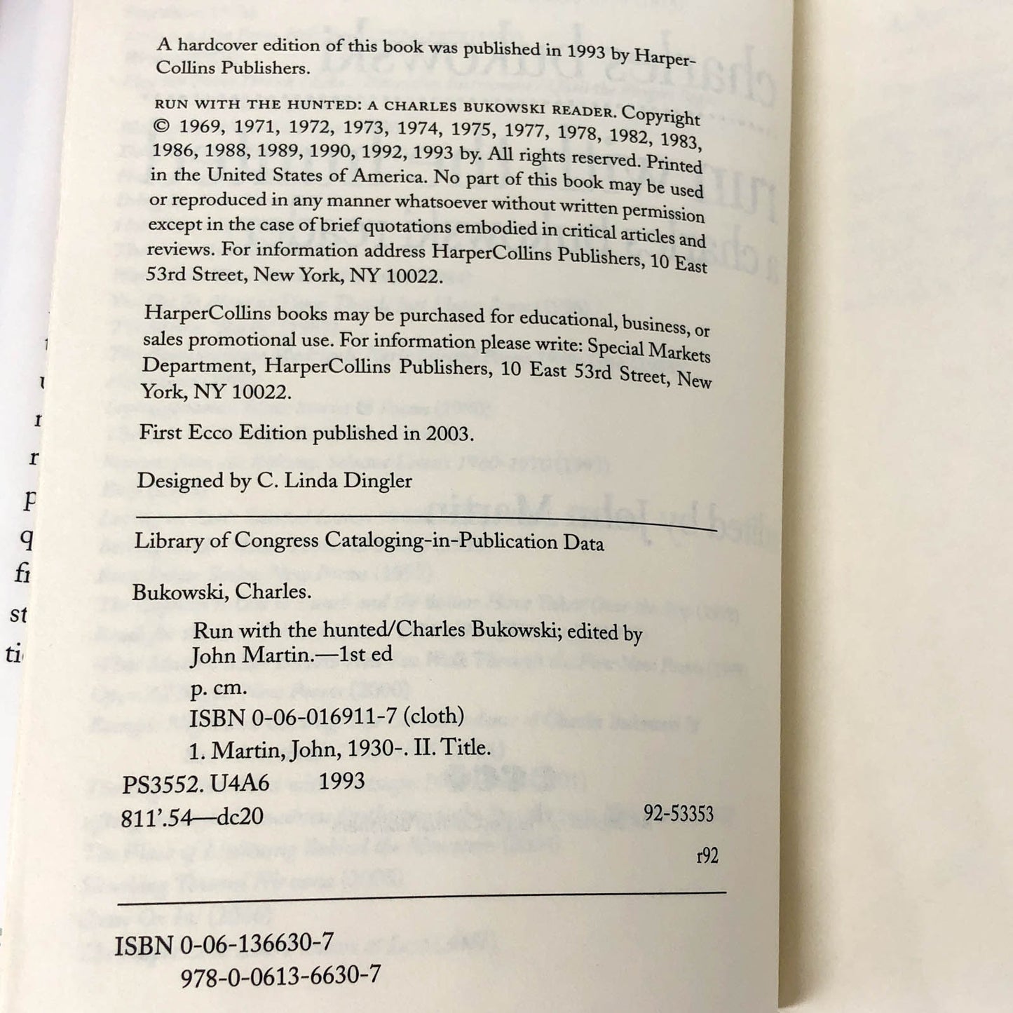 Run With the Hunted: A Charles Bukowski Reader [2003 HARDCOVER RE-ISSUE] Ecco