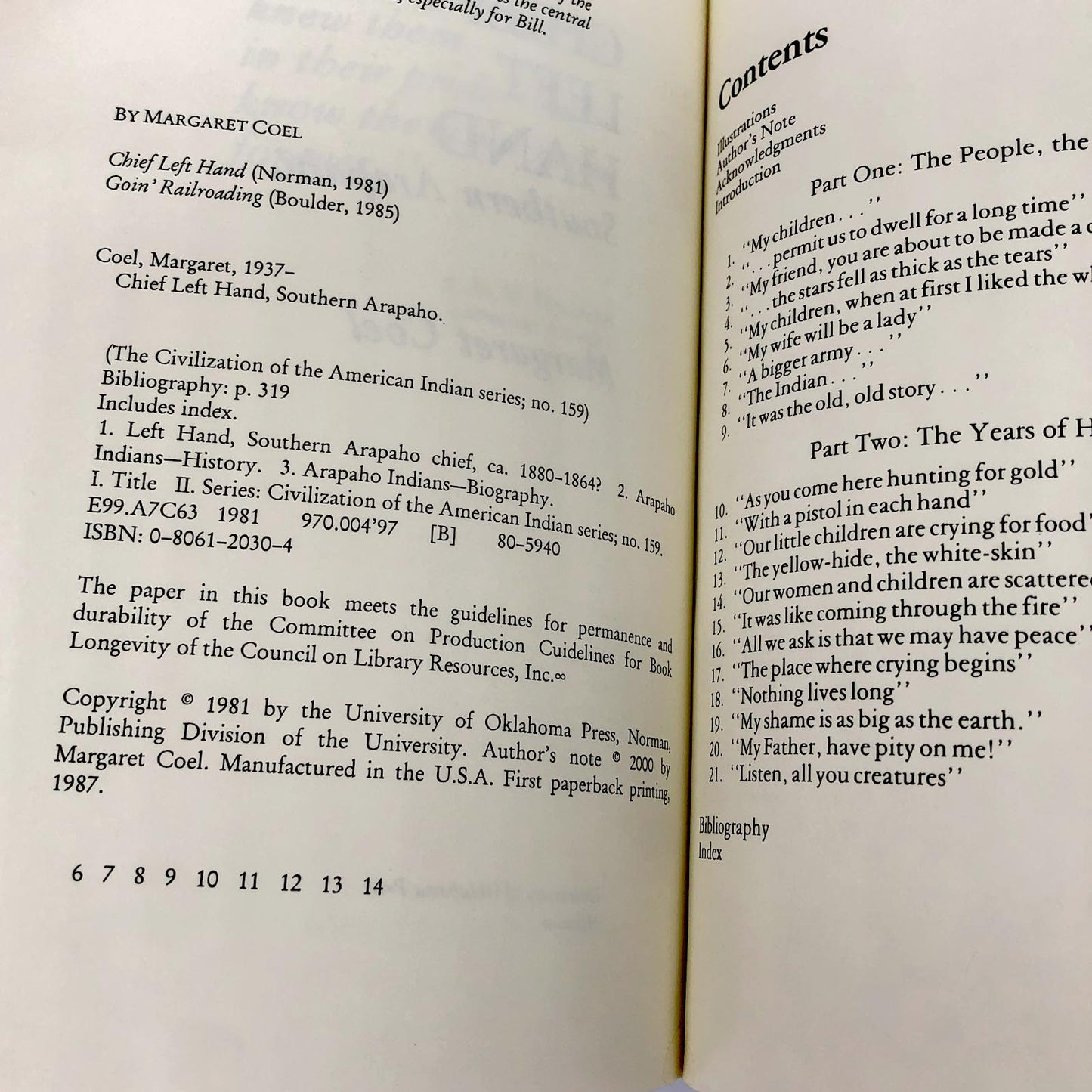 Chief Left Hand: Southern Arapaho by Margaret Coel [FIRST PAPERBACK EDITION]