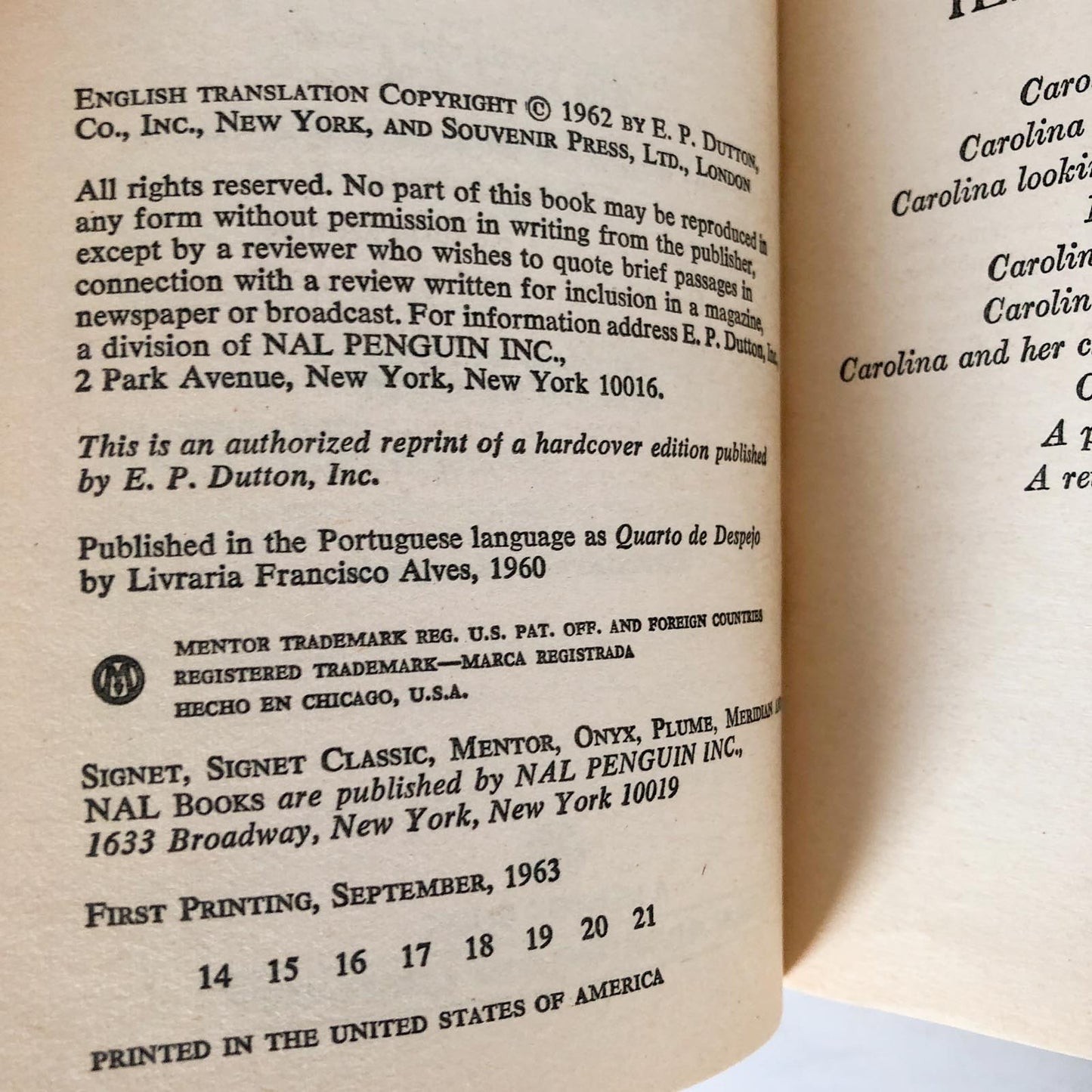 Child of the Dark: The Diary of Carolina Maria de Jesus [1963 PAPERBACK]