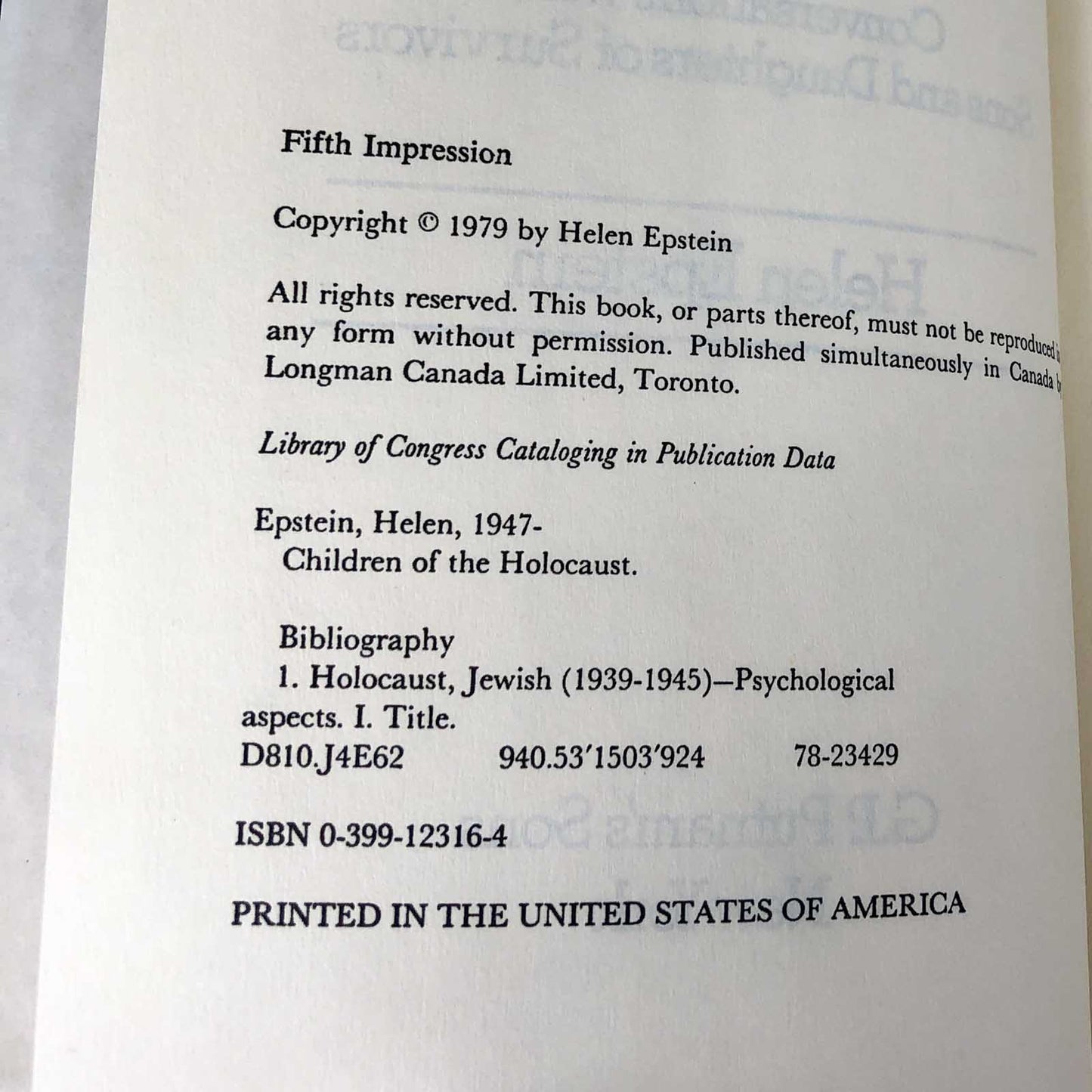 Children of the Holocaust: Conversations with Sons & Daughters of Survivors by Helen Epstein [FIRST EDITION] 1979