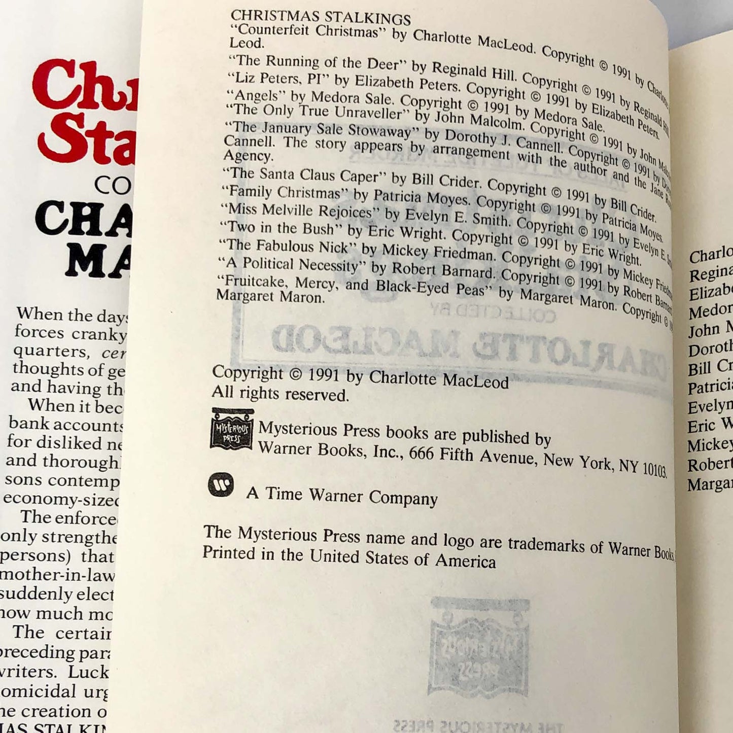 Christmas Stalkings: Tales of Yuletide Murder collected by Charlotte MacLeod [1991 HARDCOVER]