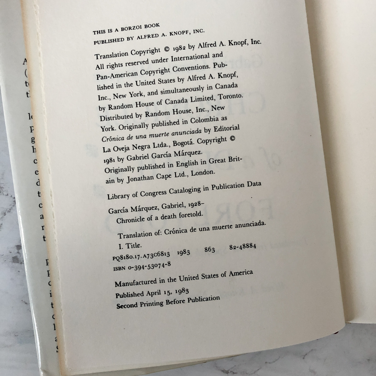 Chronicle of a Death Foretold by Gabriel Garcia Marquez [FIRST EDITION] - Bookshop Apocalypse