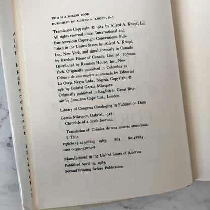 Chronicle of a Death Foretold by Gabriel Garcia Marquez [FIRST EDITION] - Bookshop Apocalypse