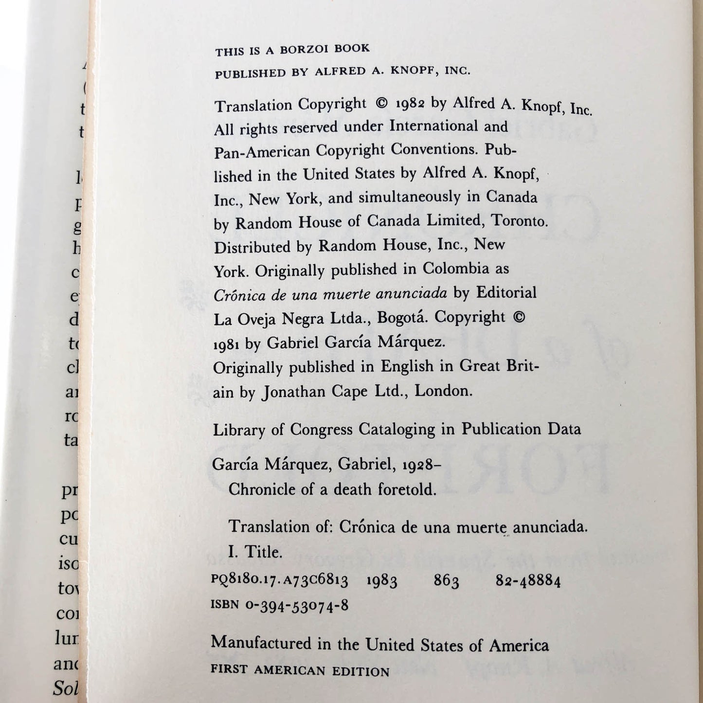 Chronicle of a Death Foretold by Gabriel García Márquez [U.S. FIRST EDITION • FIRST PRINTING] 1983