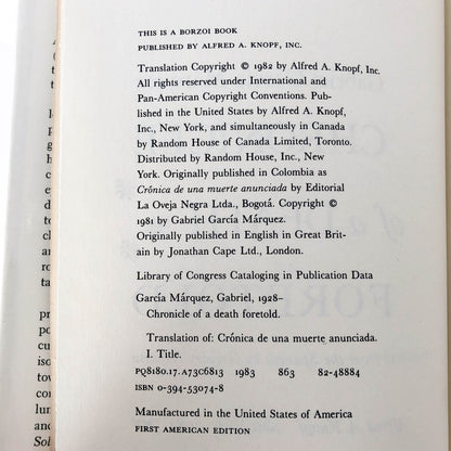 Chronicle of a Death Foretold by Gabriel García Márquez [U.S. FIRST EDITION • FIRST PRINTING] 1983