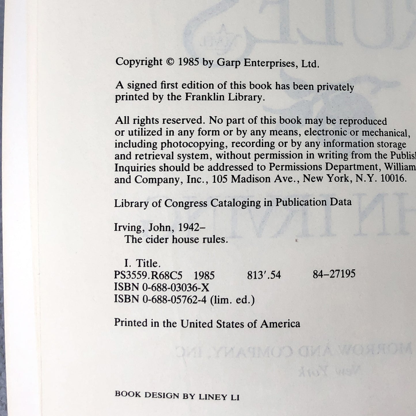 The Cider House Rules by John Irving [FIRST EDITION PAPERBACK] 1985