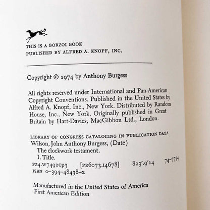 The Clockwork Testament or Enderby's End by Anthony Burgess [FIRST EDITION] 1974