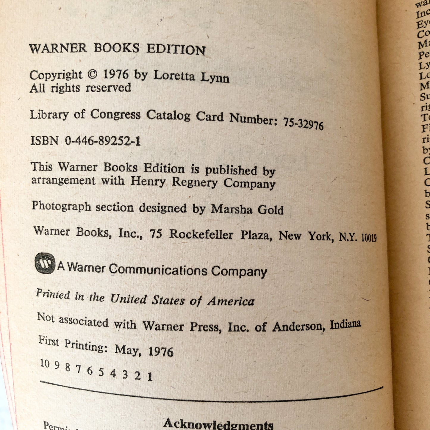 Coal Miner's Daughter by Loretta Lynn [FIRST PAPERBACK PRINTING] 1976 • Warner